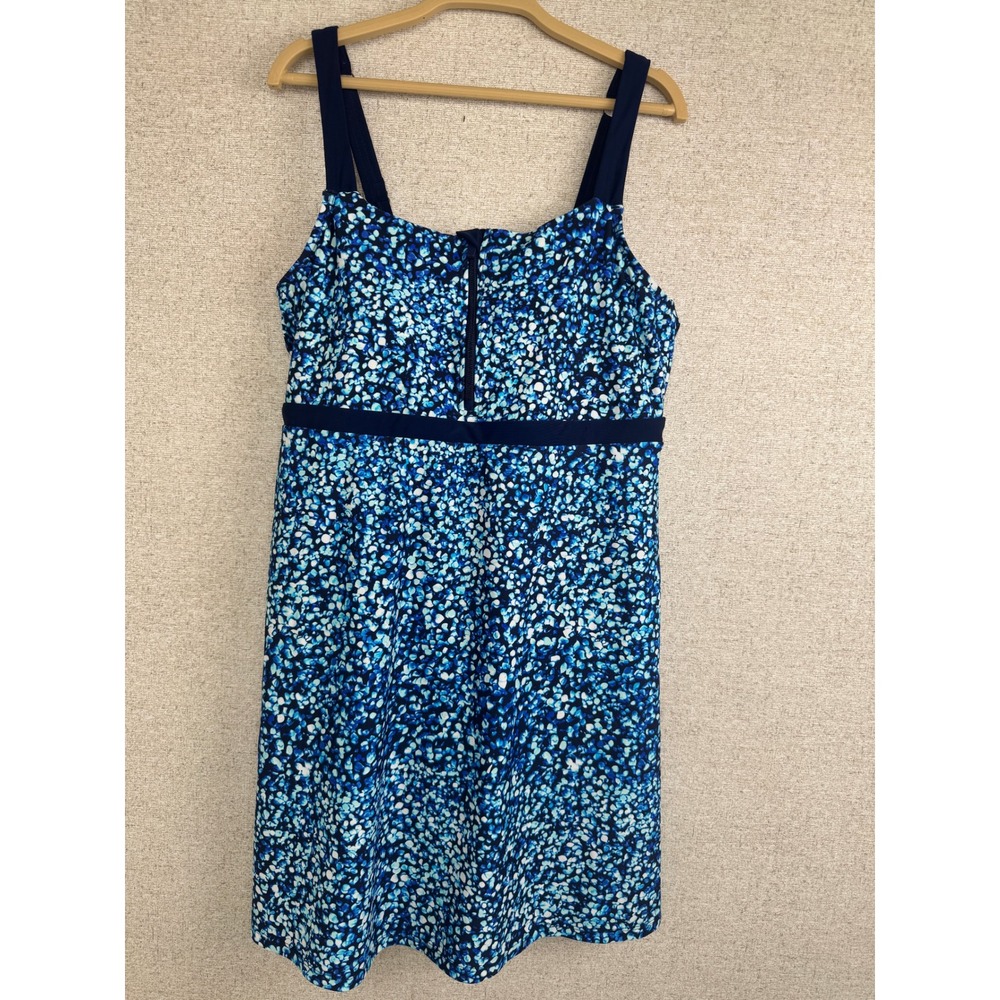 Lands' End Swim Dress — Size L (14-16) — Blue Pebble Print with Navy Trim NWOT
